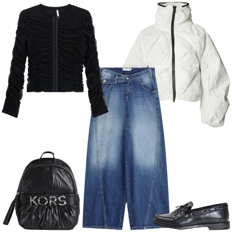 Outfit donna - Total look #2479122. Stile Casual per Tutti i giorni. Abbinamento con zaini, top, jeans, mocassini, bomber.