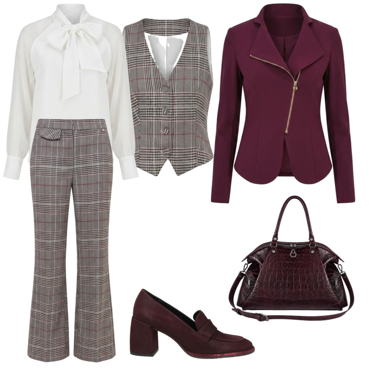 Outfit donna - Autumn. Stile Casual chic per Tutti i giorni. Abbinamento con mocassini, blazer, bluse, gilet, pantaloni, shopping bag.