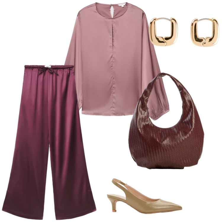 Outfit donna - Focus curvy. per Serata fuori. Abbinamento con décolleté, borse a spalla, orecchini, bluse, pantaloni a palazzo.