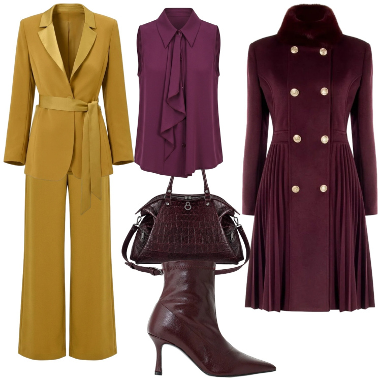Outfit donna - Autumn. Stile Casual chic per Cerimonia. Abbinamento con stivaletti, shopping bag, cappotti, blazer, top, pantaloni a palazzo.