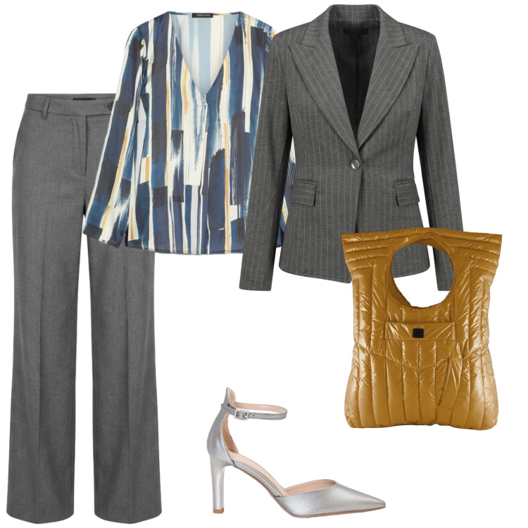 Outfit donna - Focus curvy. per Ufficio. Abbinamento con décolleté, borse a mano, bluse, pantaloni a palazzo, blazer.