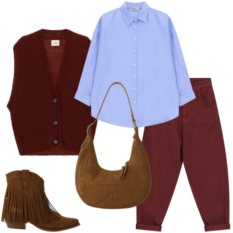 Outfit donna - Dixie FW 26. Stile Casual chic per Tutti i giorni. Abbinamento con stivaletti texani, borse a spalla, camicie, pantaloni, gilet.