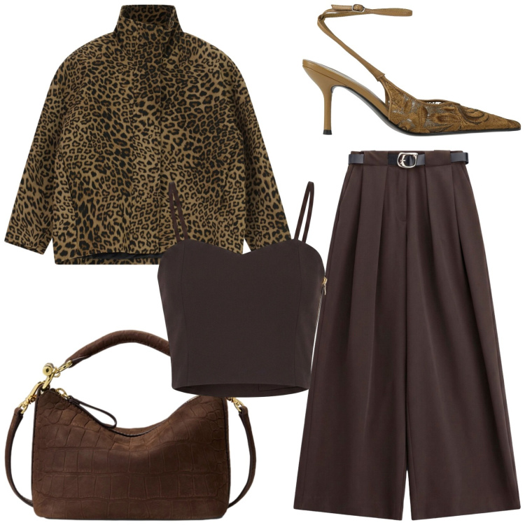 Outfit donna - Glamour. Stile Glamour per Tutti i giorni. Abbinamento con décolleté, pantaloni a palazzo, piumini, top, borse a spalla.