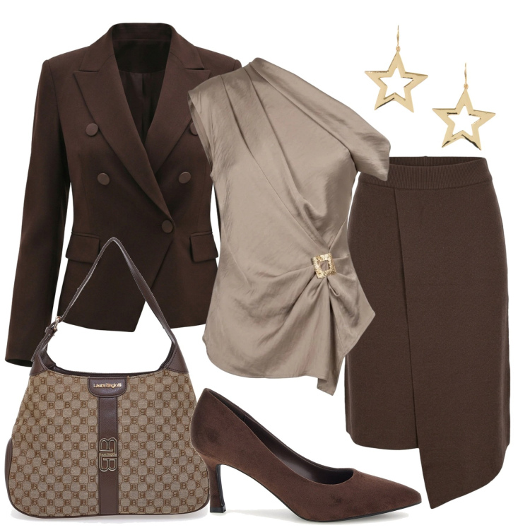 Outfit donna - L\' eleganza della bilancia. Stile Chic per Tutti i giorni. Abbinamento con blazer, orecchini, top, gonne longuette, borse a spalla, décolleté.
