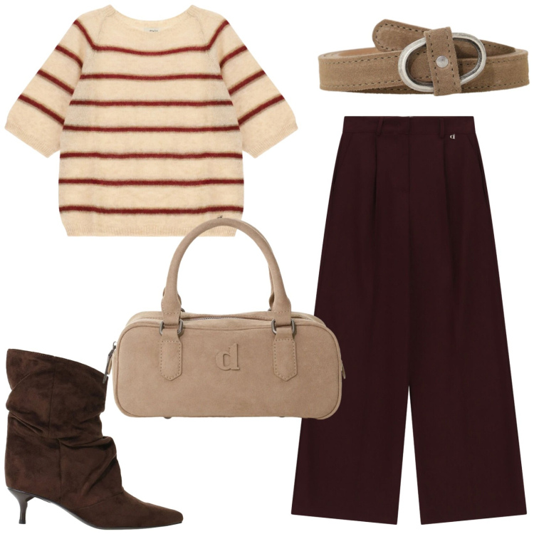 Outfit donna - Comoda e femminile. Stile Glamour per Tutti i giorni. Abbinamento con stivali, borse a mano, cinture, pantaloni a palazzo, maglieria.