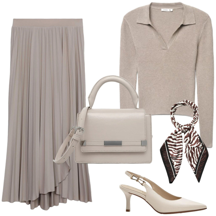 Outfit donna - Femminile e sofisticata. Stile Chic per Tutti i giorni. Abbinamento con décolleté, gonne lunghe, foulard, borse a tracolla, maglieria.