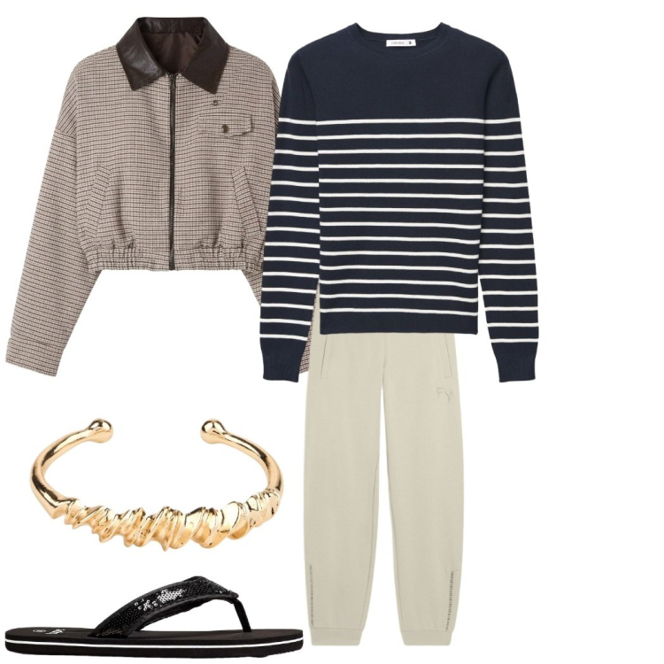 Outfit donna - Outfit invernale. Stile Basic per Tutti i giorni. Abbinamento con pantaloni, cappotti, maglieria, infradito, braccialetti.