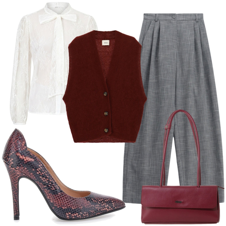 Outfit donna - Bilancia - equilibrio e stile. Stile Chic per Ufficio. Abbinamento con pantaloni a palazzo, borse a spalla, gilet, bluse, décolleté.