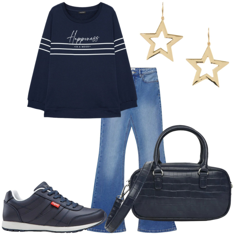 Outfit donna - Casual in città. Stile Casual per Tutti i giorni. Abbinamento con sneakers, jeans a zampa, borse a tracolla, felpe, orecchini.