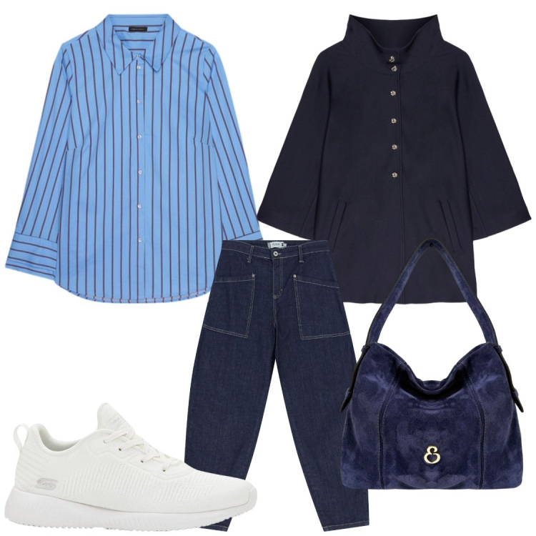 Outfit donna - Lunedì di corsa a fine settembre. Stile Chic per Tutti i giorni. Abbinamento con sneakers, jeans, camicie, blazer, borse a spalla.