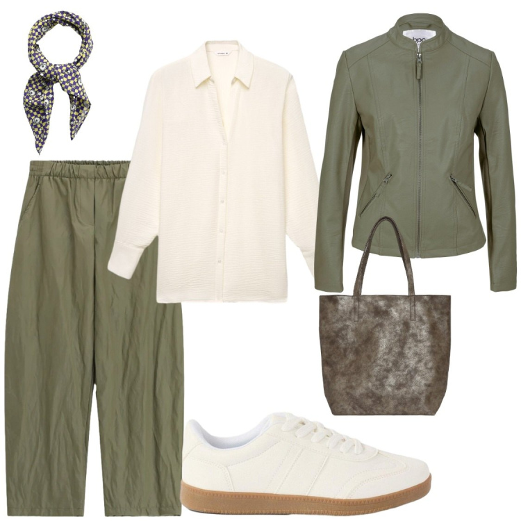 Outfit donna - Green autunnale. Stile Chic per Ufficio. Abbinamento con sneakers, blazer, shopping bag, camicie, foulard, pantaloni a palazzo.