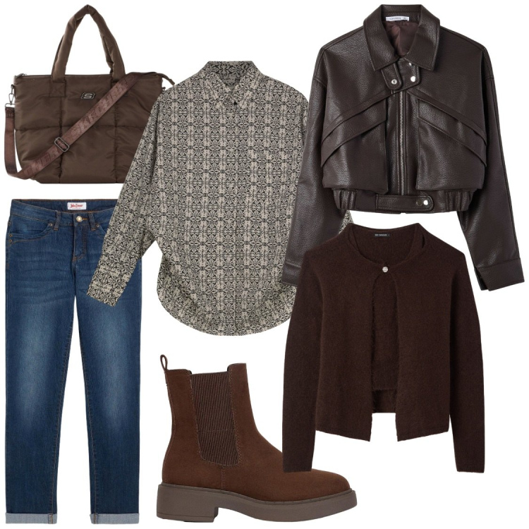 Outfit donna - Mo vedto astrati. Stile Chic per Ufficio. Abbinamento con jeans dritti, shopping bag, stivaletti, camicie, cardigans, bomber.