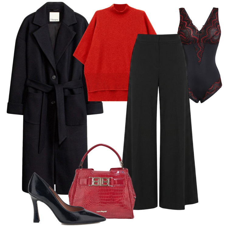Outfit donna - Contrasti equilibrati. Stile Glamour per Tutti i giorni. Abbinamento con body, cappotti, maglieria, pantaloni, borse a mano, décolleté.