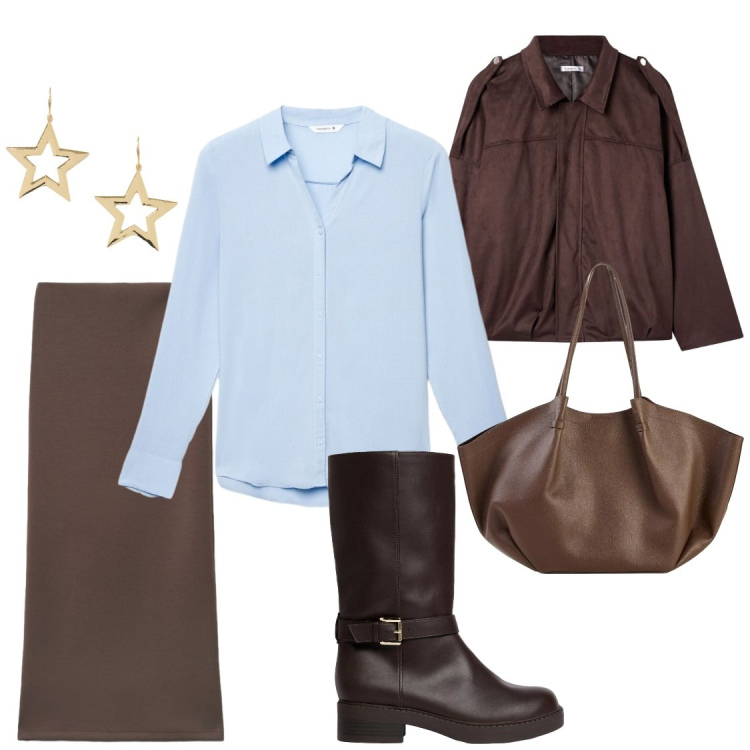 Outfit donna - Glamour di giorno. Stile Glamour per Ufficio. Abbinamento con shopping bag, stivali, camicie, cappotti, gonne lunghe, orecchini.