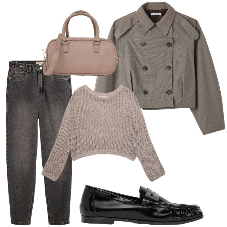 Outfit donna - Autumn. Stile Casual chic per Ufficio. Abbinamento con mocassini, jeans mom, maglieria, caban, borse a tracolla.