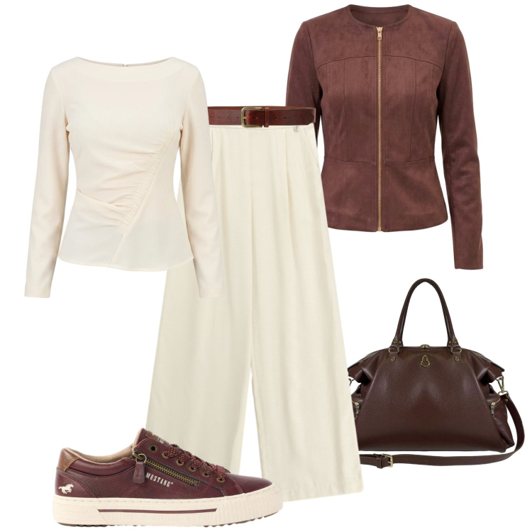 Outfit donna - Sneakers in ufficio. Stile Casual chic per Ufficio. Abbinamento con sneakers, pantaloni a palazzo, cinture, bluse, blazer, borse a spalla.