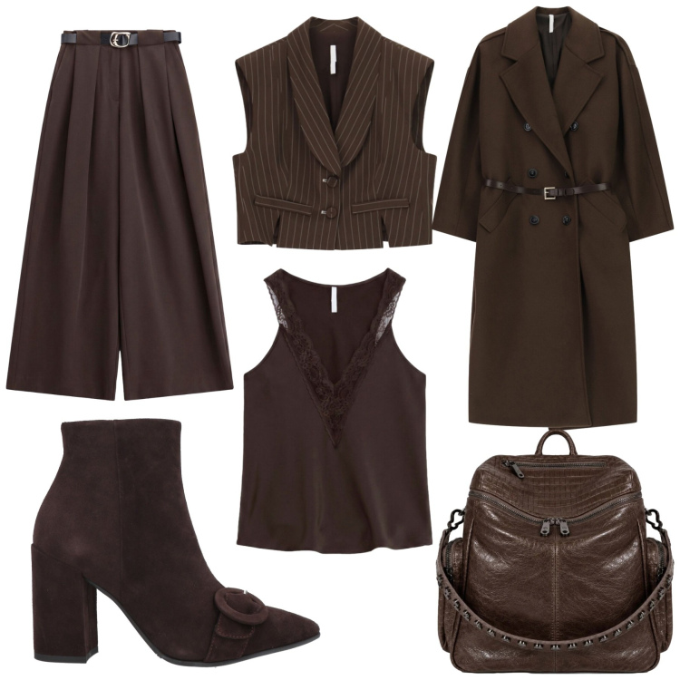 Outfit donna - Autunno in marrone. Stile Bon Ton per Ufficio. Abbinamento con stivaletti, gilet, pantaloni a palazzo, cappotti, top, zaini.