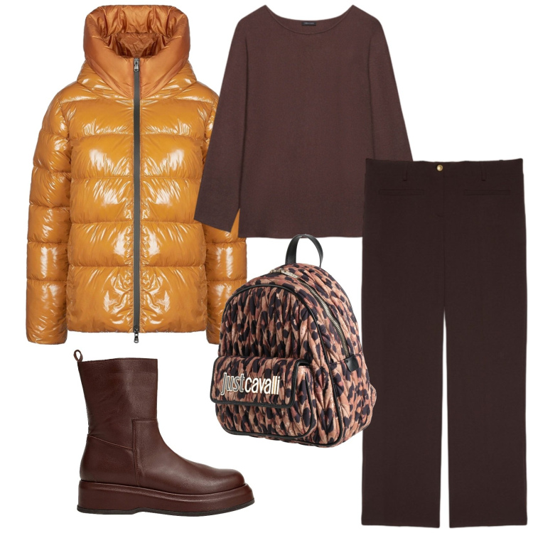 Outfit donna - In città. Stile Casual per Tutti i giorni. Abbinamento con stivaletti, zaini, piumini, pantaloni, maglieria.