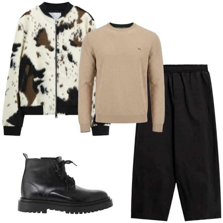Outfit uomo - Total look #2479220. Stile Trendy per Tutti i giorni. Abbinamento con maglieria, bomber, anfibi, pantaloni a palazzo.