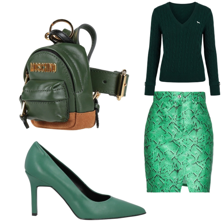 Outfit donna - Sfumature di verde. Stile Bon Ton per Ufficio. Abbinamento con décolleté, marsupi, minigonne, maglieria.