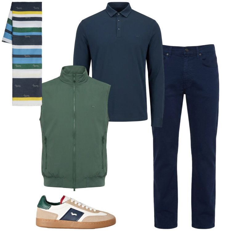 Outfit uomo - Total look #2479225. Stile Casual per Tutti i giorni. Abbinamento con polo, pantaloni, sneakers, gilet, sciarpe.