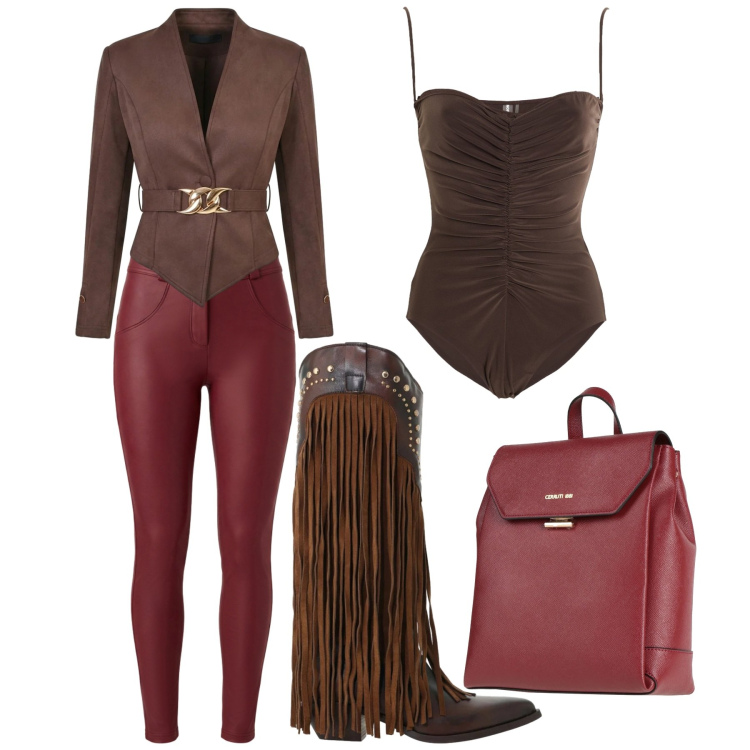 Outfit donna - "Glam Country per una serata speciale".. Stile Glamour per Serata fuori. Abbinamento con body, zaini, pantaloni skinny, stivaletti texani, blazer.