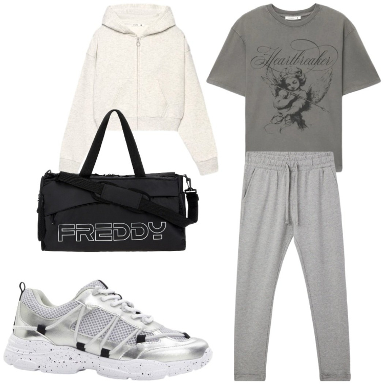 Outfit donna - Outfit sportivo invernale. Stile 70s per Sport. Abbinamento con borse sportive, pantaloni, felpe con cappuccio, t-shirt, sneakers.