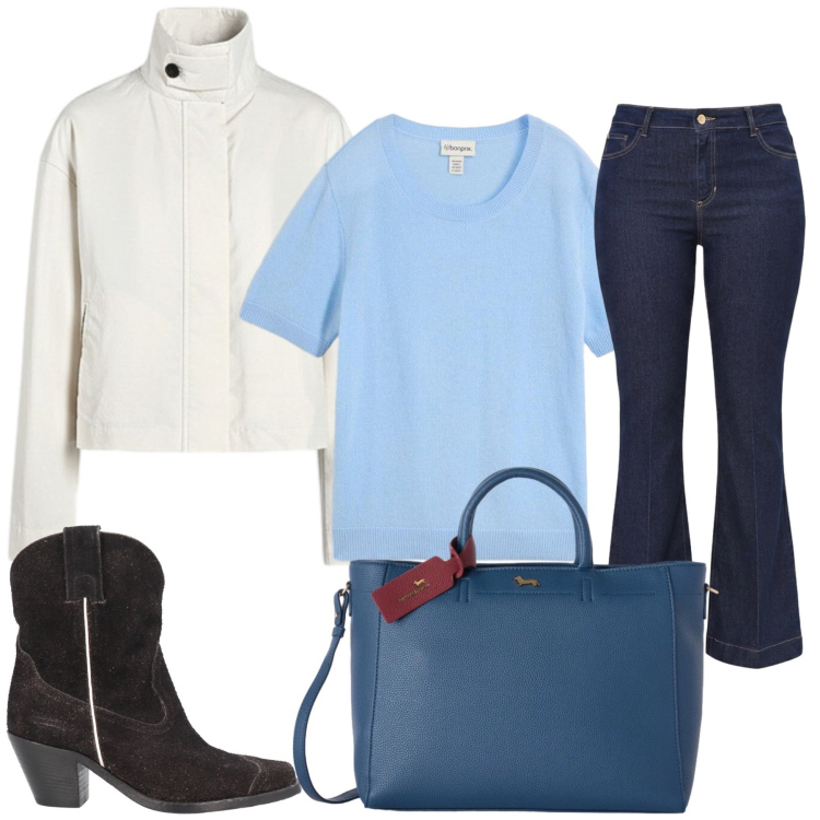 Outfit donna - Total look #2479233. Stile Casual chic per Tutti i giorni. Abbinamento con stivaletti texani, t-shirt, borse a mano, jeans a zampa, bomber.