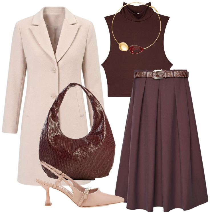 Outfit donna - L\'equilibrio della bilancia. Stile Bon Ton per Ufficio. Abbinamento con borse a spalla, top, gonne lunghe, cappotti, collane, décolleté.