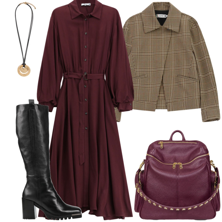 Outfit donna - Total look #2479240. Stile Casual chic per Serata fuori. Abbinamento con stivali, vestiti chemisier, cappotti, ciondoli, zaini.