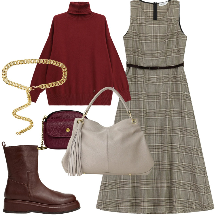 Outfit donna - Fall. Stile Casual per Tutti i giorni. Abbinamento con stivaletti, borse a spalla, pullovers, vestiti midi/longuette, cinture, portachiavi.