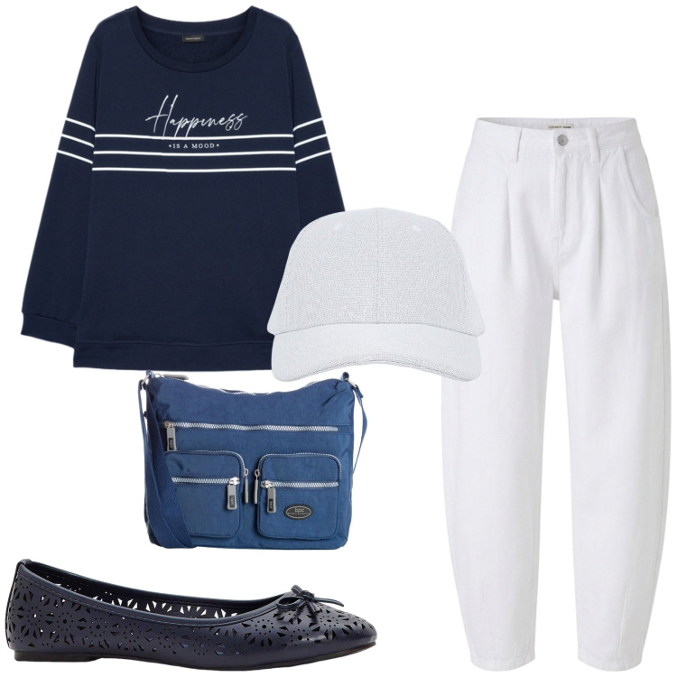Outfit donna - Total look #2479243. Stile Casual per Tutti i giorni. Abbinamento con ballerine, borse a tracolla, cappelli con visiera, pantaloni, felpe.