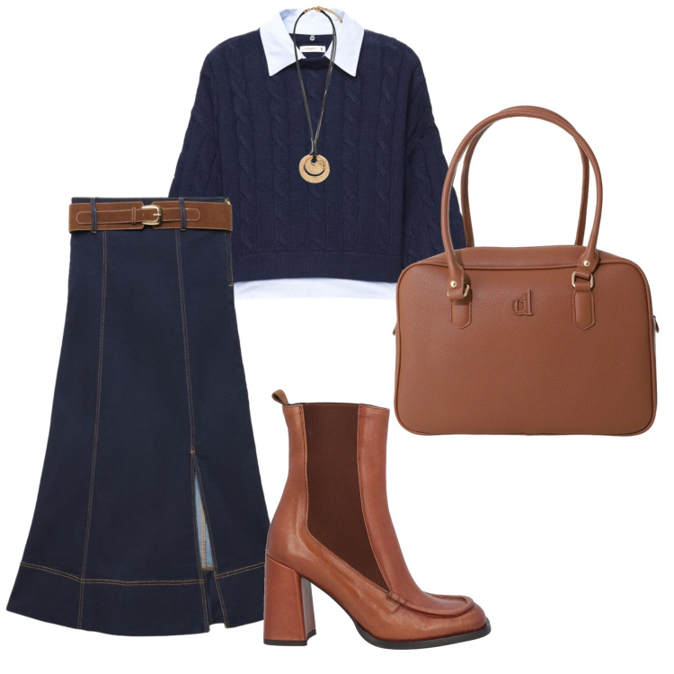 Outfit donna - Denim e Cognac vibes. Stile Preppy per Ufficio. Abbinamento con stivaletti chelsea, maglieria, gonne lunghe, borse a mano, ciondoli.