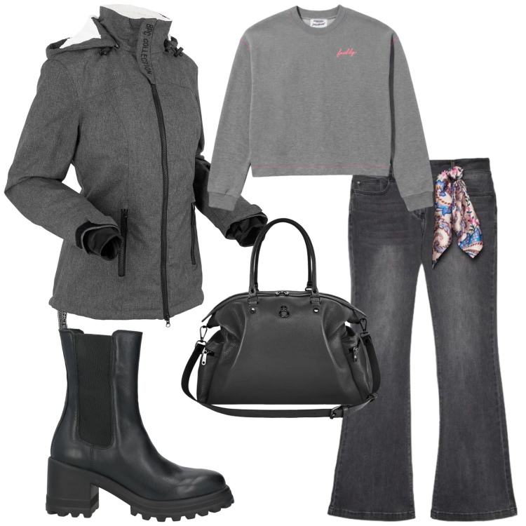 Outfit donna - Total look #2479246. Stile Casual per Tutti i giorni. Abbinamento con stivaletti, blazer, felpe, jeans, shopping bag.