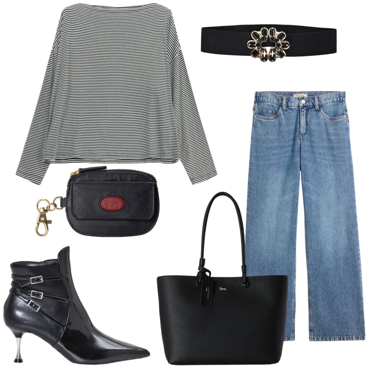 Outfit donna - Total look #2479251. Stile Casual chic per Tutti i giorni. Abbinamento con jeans, shopping bag, portamonete, t-shirt, cinture, stivaletti.