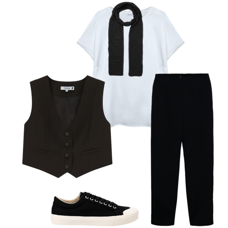 Outfit donna - Total look #2479255. Stile Trendy per Tutti i giorni. Abbinamento con sneakers, sciarpe, pantaloni chino, gilet, t-shirt.