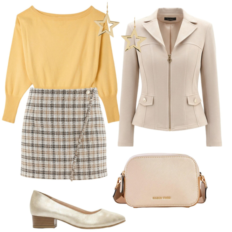 Outfit donna - Total look #2479256. Stile Vintage retrò per Scuola/Università. Abbinamento con borse a tracolla, décolleté, pullovers, blazer, minigonne, orecchini.