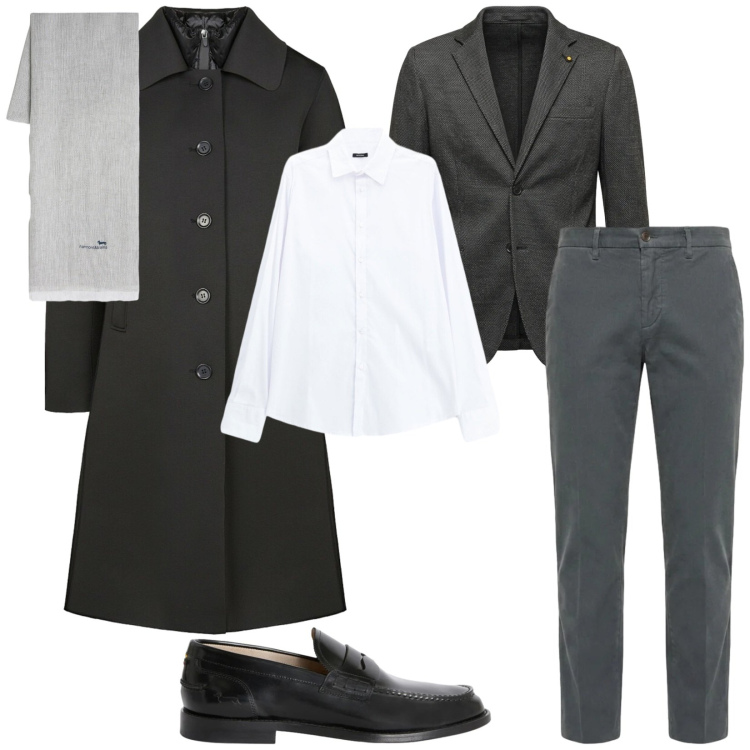Outfit uomo - Total look #2479266. Stile Business/Elegante per Cerimonia. Abbinamento con pantaloni, sciarpe, scarpe stringate, camicie, giacche, cappotti.