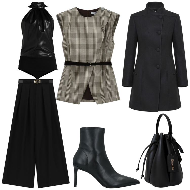 Outfit donna - ​"Dandy Chic al Femminile". Stile Chic per Ufficio. Abbinamento con body, stivaletti, pantaloni a palazzo, gilet, cappotti, borse a secchiello.