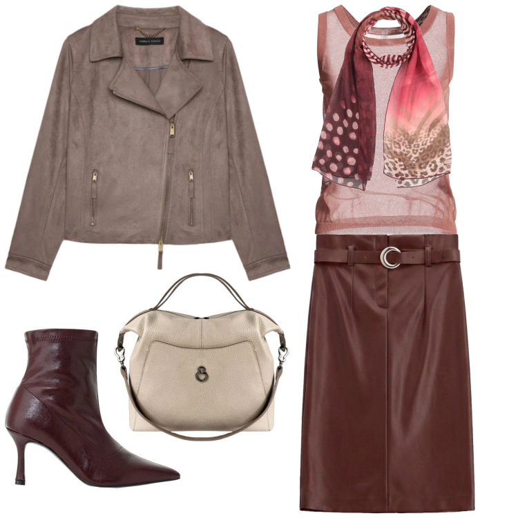 Outfit donna - Autunno. Stile Casual per Tutti i giorni. Abbinamento con sciarpe, top, stivaletti, gonne longuette, giacche, borse a mano.