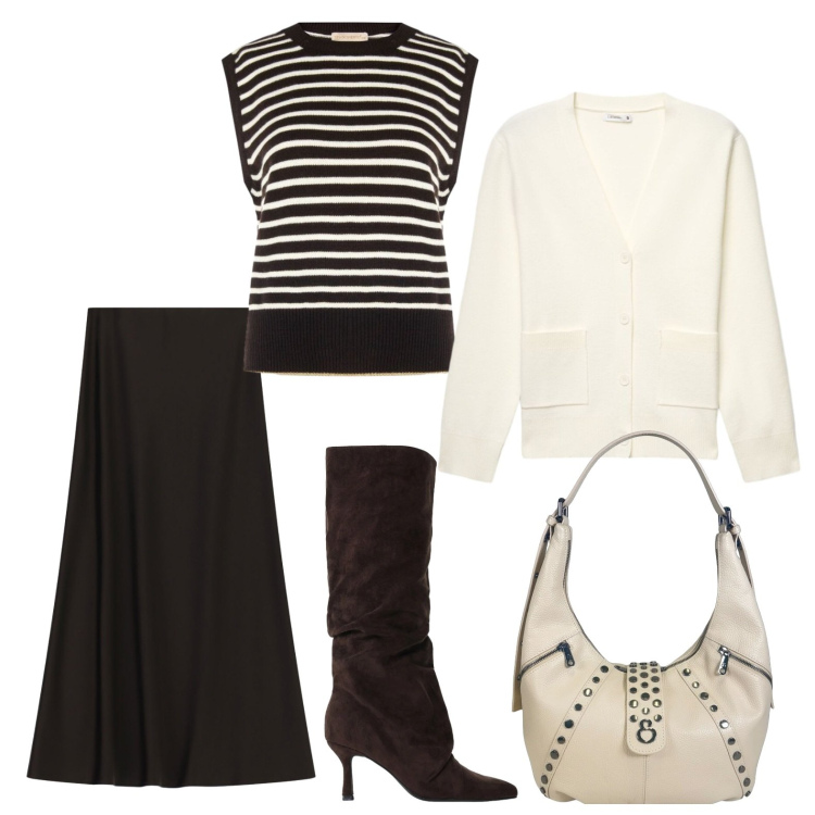 Outfit donna - Per il mio sabato sera. Stile Bon Ton per Serata fuori. Abbinamento con cardigans, stivali, gonne lunghe, maglieria, borse a spalla.
