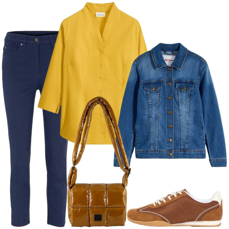 Outfit donna - In giallo. Stile Basic per Tutti i giorni. Abbinamento con blazer, pantaloni, sneakers, camicie, borse a spalla.