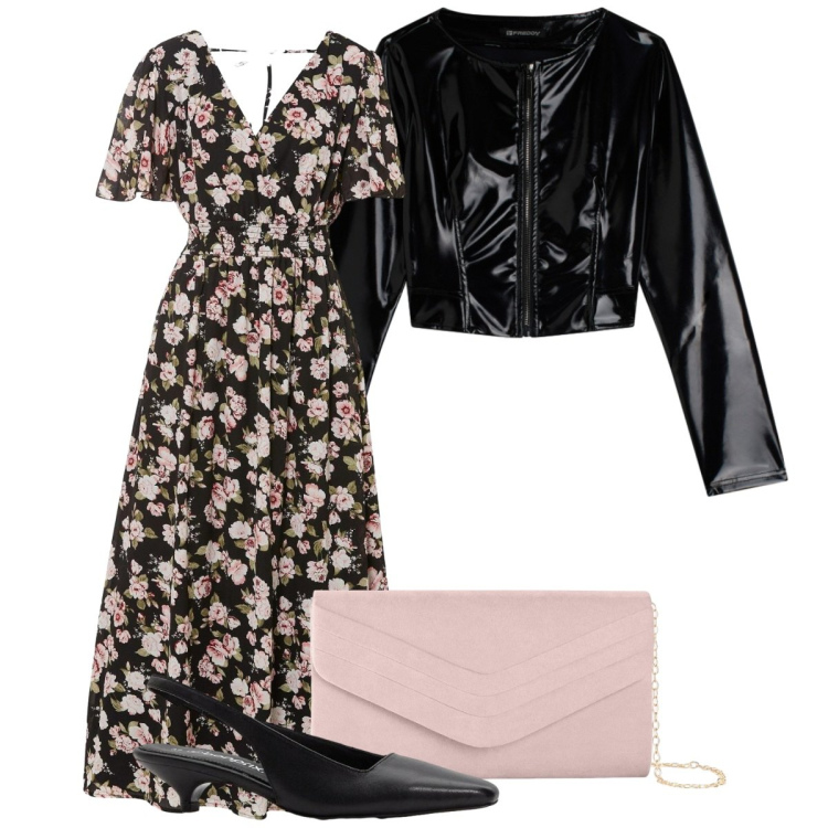 Outfit donna - L\'abito fiorato. Stile Basic per Tutti i giorni. Abbinamento con clutch, décolleté, vestiti lunghi, giacche.