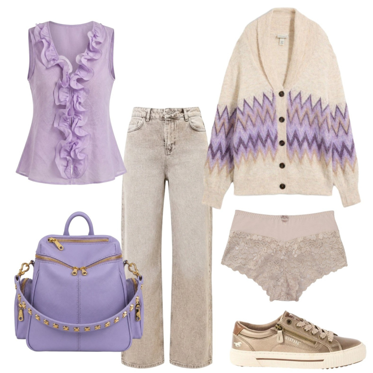 Outfit donna - Accenni di lilla. Stile Casual per Tutti i giorni. Abbinamento con culotte, sneakers, cardigans, camicie a manica corta, jeans dritti, zaini.