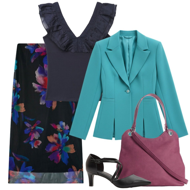 Outfit donna - Outfit da sera. Stile Basic per Serata fuori. Abbinamento con décolleté, borse a mano, gonne lunghe, top, blazer.