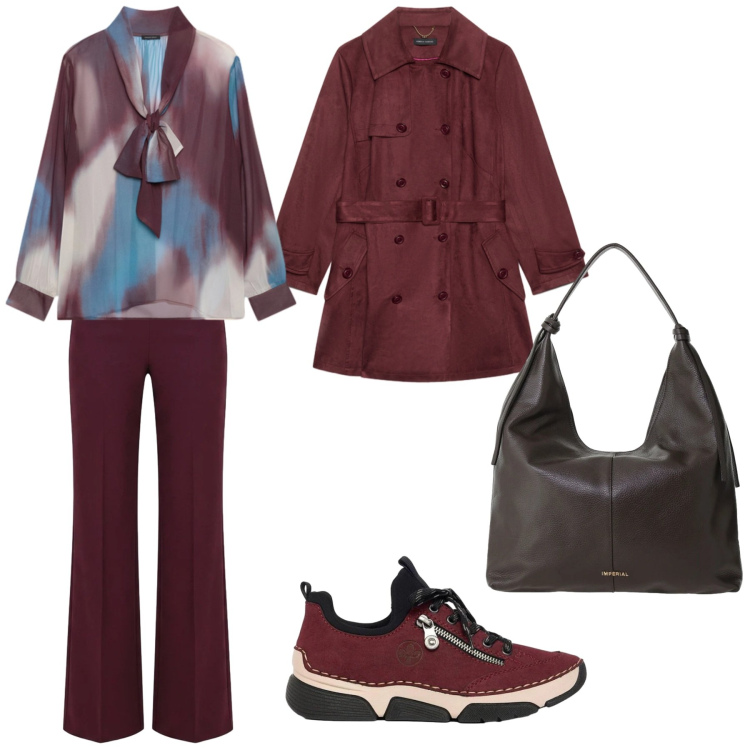 Outfit donna - Sfumato Celeste & Bordeaux - poesia. Stile Urban per Tutti i giorni. Abbinamento con borse a spalla, bluse, trench, pantaloni a palazzo, sneakers.
