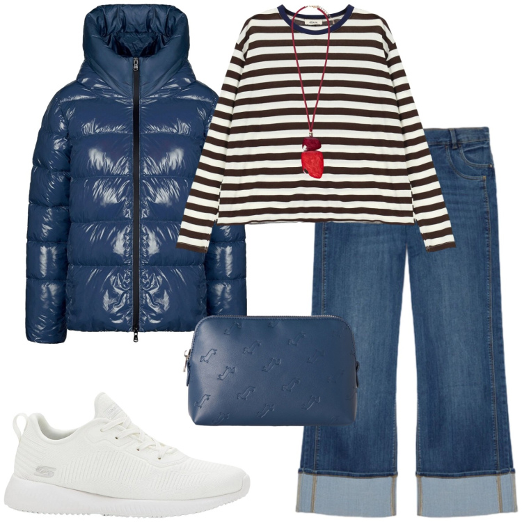 Outfit donna - Sporty. Stile Casual per Tutti i giorni. Abbinamento con sneakers, pochette, t-shirt, piumini, ciondoli, jeans dritti.