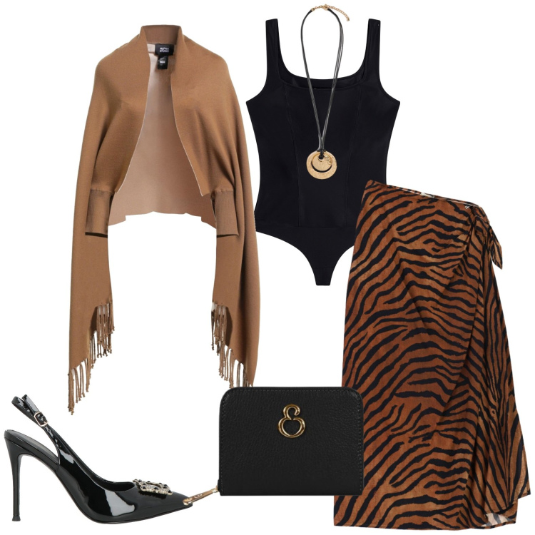 Outfit donna - Sera. Stile Chic per Serata fuori. Abbinamento con cappe, décolleté, top, gonne longuette, ciondoli, portafogli.