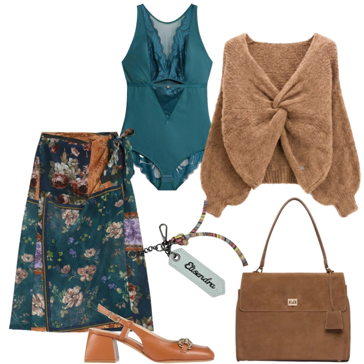 Outfit donna - Il body color ottanio con la gonna pareo. Stile Romantica per Tutti i giorni. Abbinamento con borse a mano, portachiavi, maglieria, gonne longuette, décolleté, body.