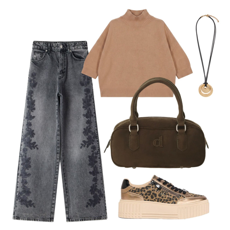 Outfit donna - Settembre. Stile Casual per Tutti i giorni. Abbinamento con ciondoli, maglieria, borse a mano, jeans, sneakers.